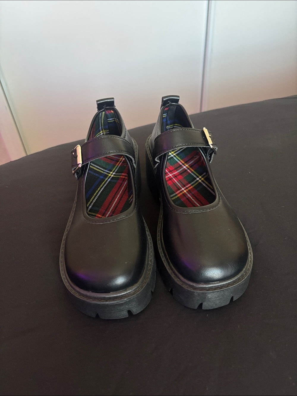 Kids Black Mary Jane School Shoes with Plaid Lining